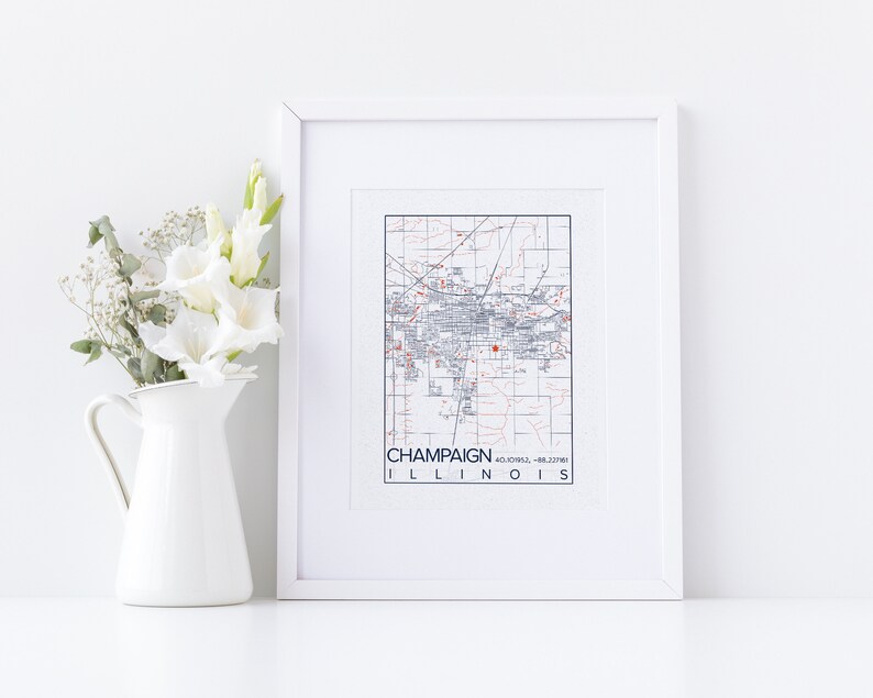 Urbana-Champaign Illinois Map University of Illinois Print City Urbana