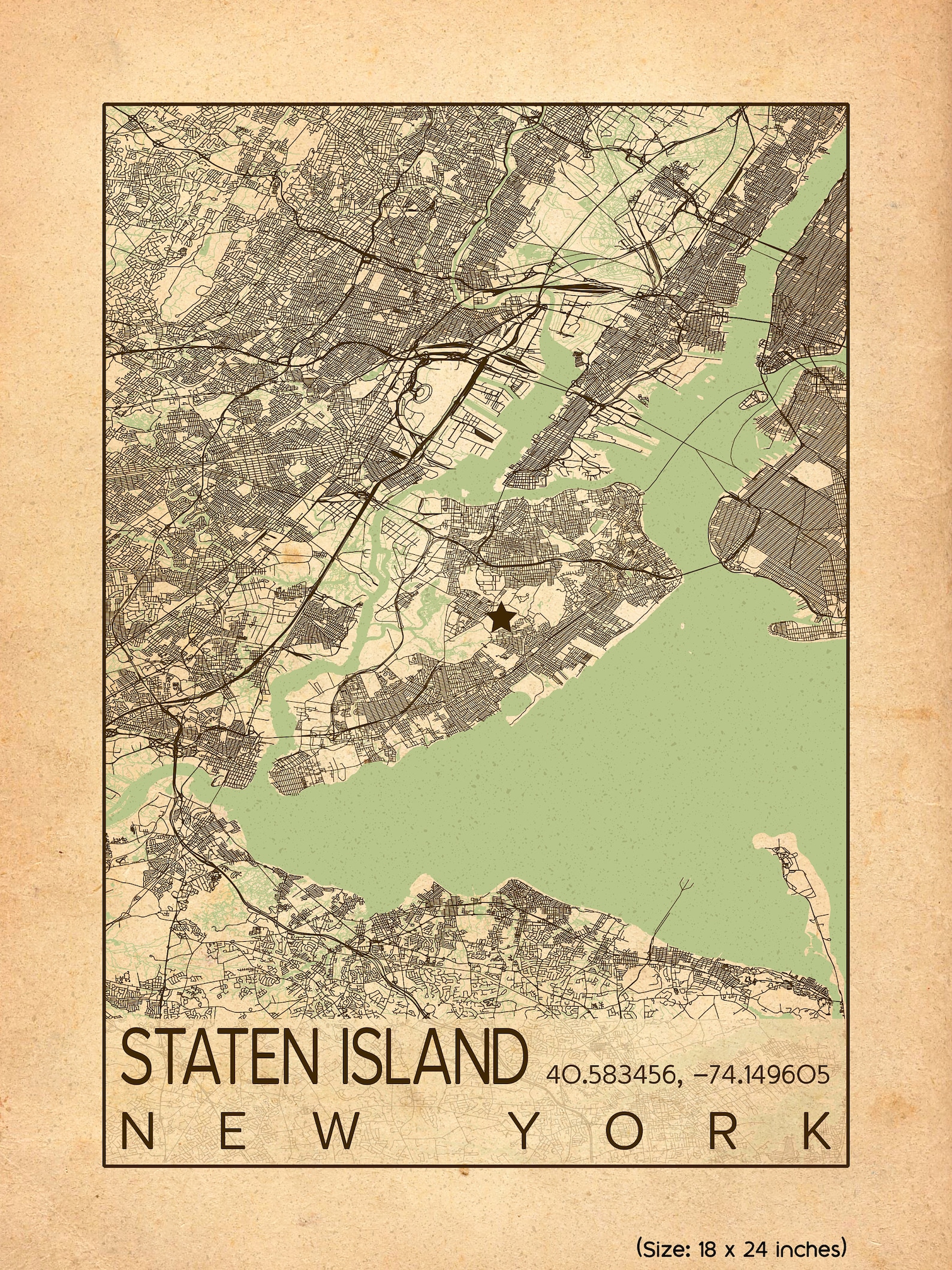 Staten Island New York City Map Print Poster Antique Vintage Etsy
