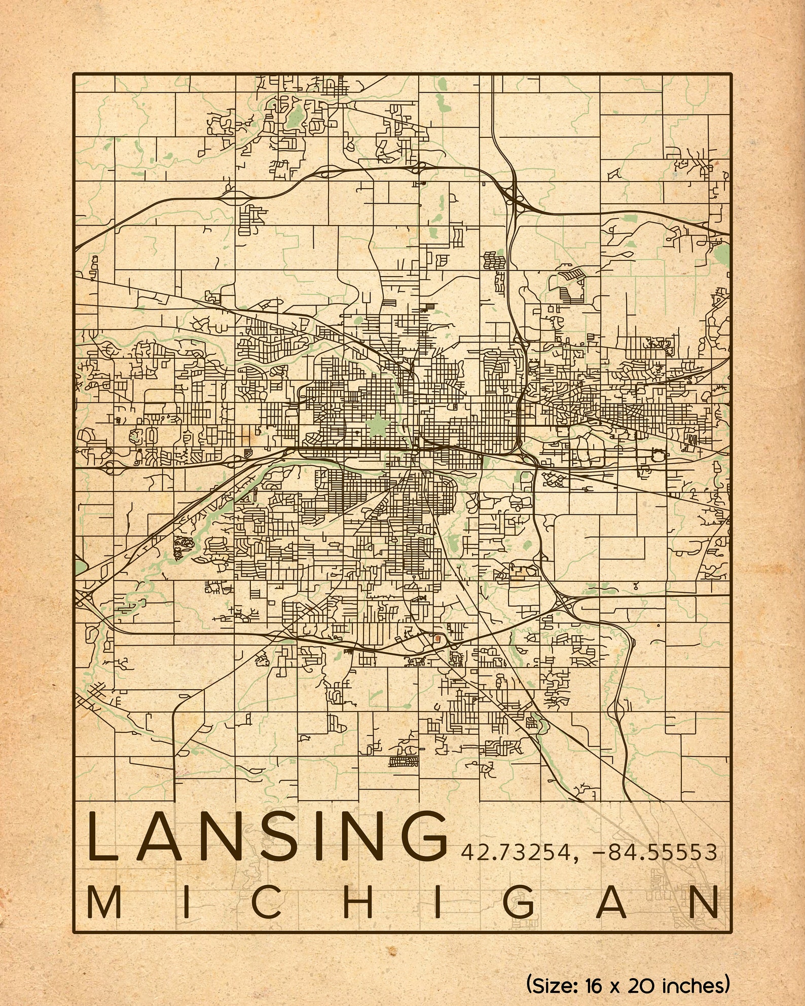 Lansing City Map Print Poster Antique Vintage Aged Lansing Etsy UK