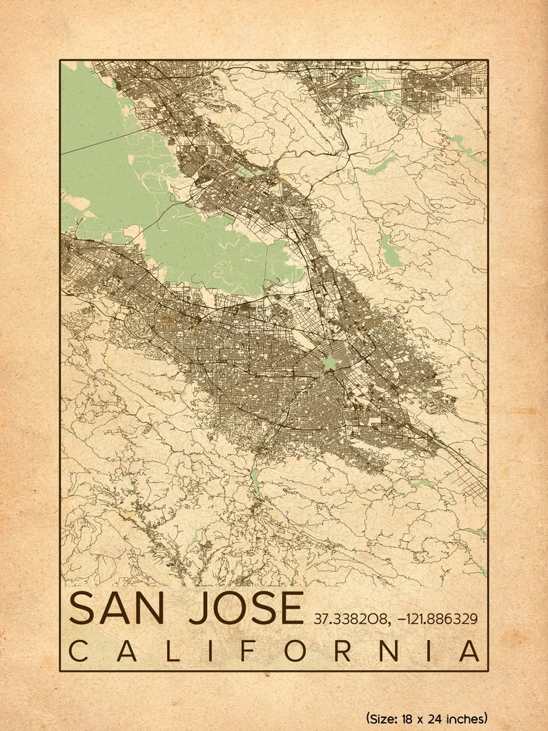 San Jose City Map Print Poster Antique Vintage San Jose | Etsy