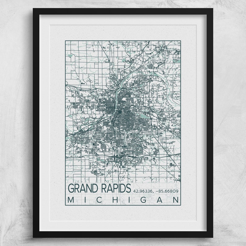 Grand Rapids City Map Print Poster Blue Green Grand Rapids Etsy