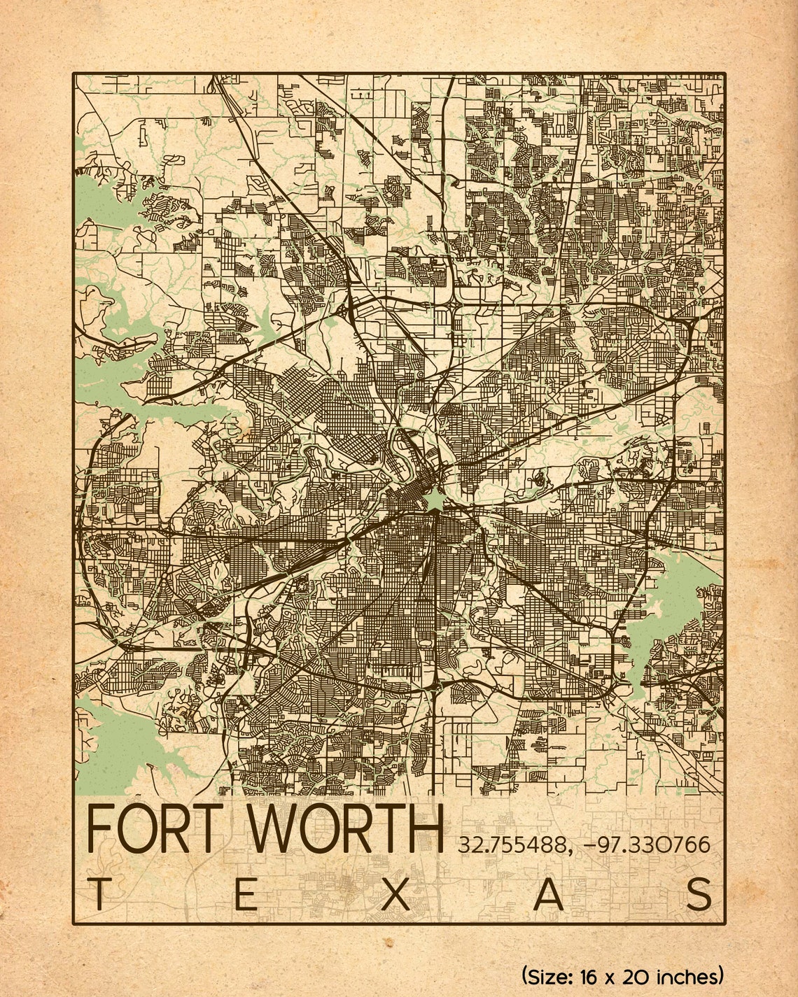 Fort Worth City Map Print Poster Antique Vintage Aged Fort Etsy