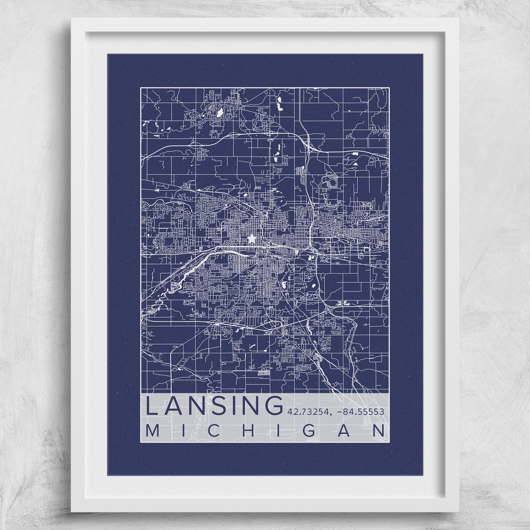 Lansing City Map Print Poster Blueprint Plans Lansing Michigan Capital Custom City Map Art ...