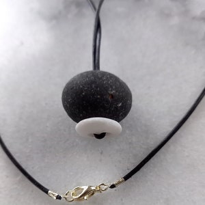 Two beach pebble pendant, two beach stone necklace, beach pebble necklace in black leather cord