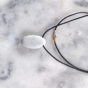 One beach pebble pendant, beach stone necklace, beach pebble necklace in black leather cord