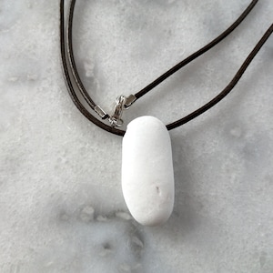 Beach stone necklace, Beach stone pendant necklace, Pebble pendant necklace with one flat white pebble in brown leather cord