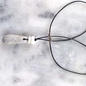 Three beach pebble pendant, beach stones necklace, pebble necklace in dark brown leather cord