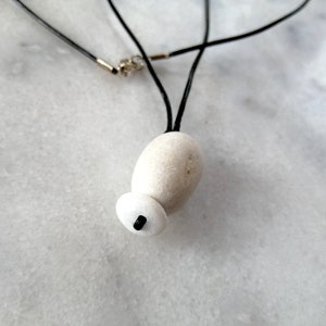 Two white stones pendant, pebble necklace, beach stone necklace in black leather cord