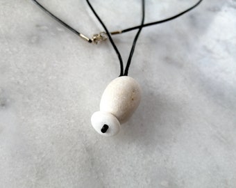 Two white stones pendant, pebble necklace, beach stone necklace in black leather cord