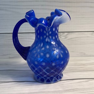 Vintage LG Wright Cobalt Blue Opalescent Christmas Snowflake Tall Cream Container