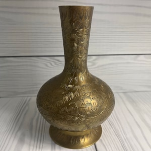 Vintage India Brass Floral Etched Vase