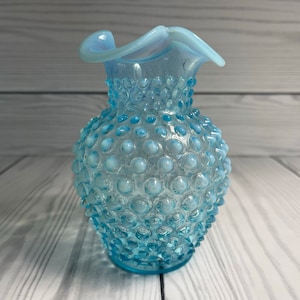 Vintage Fenton Blue Opalescent Glass Hobnail Ruffled Rim Bud Vase