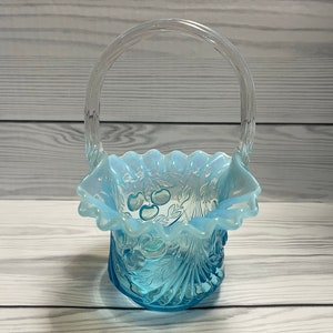 Vintage LG Wright Fenton Blue Opalescent Cherry Wreathed Glass Basket