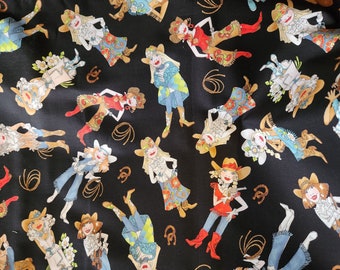 Cowgirls on Black Cotton Fabric by the yard, by Lorelei Designs