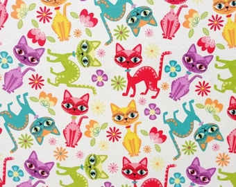 Crazy Colorful Cats on White Cotton Fabric