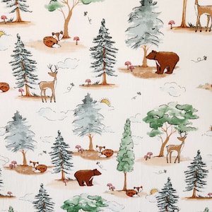 May include: A white background with a repeating pattern of watercolor illustrations of a forest scene. The illustrations include trees, deer, bears, foxes, and mushrooms. The colors are green, brown, orange, and red.
