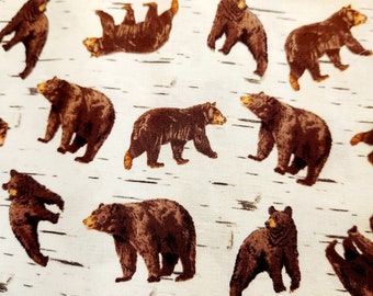 Brown Bears on White Wood Grain Cotton Fabric By StudioE