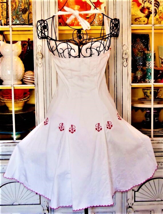 Betsey Johnson Dress Vintage White Red Embroidered Anchors Etsy