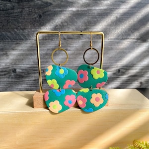 Green oversized multicolor flower earrings handmade with polymer claybubble statement spring summer earringsoversized clay jewelry image 1