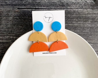 Tricolor blue, orange and beige geometric earrings handmade with polymer clay| semicircle statement earrings|clay jewelry| wavypinkco