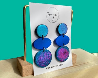 Metallic teal earrings handmade with polymer clay| royal blue pearl statement| holographic|  abstract| modern clay jewelry| dangle earrings