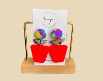 Neon pink metallic dangle earrings| geometric| funky colorful statement | neon jewelry|  handmade| modern clay earrings | tri color