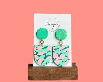 Mint statement earrings| colorful mosaic dangle earrings| polymer clay jewelry| geometric earrings| mint, pink and teal| spring summer|