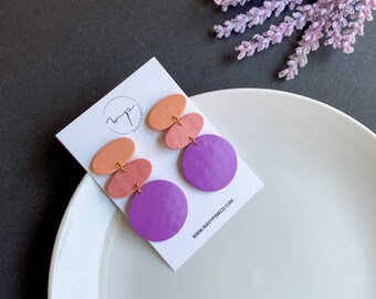 Purple abstract neutral earrings| tricolor| handmade with polymer clay| clay jewelry|salmon/beige/lavender|
