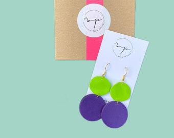 Green and purple dangle earrings handmade with polymer clay| statement earrings| clay jewelry|