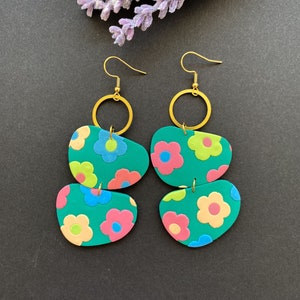 Green oversized multicolor flower earrings handmade with polymer claybubble statement spring summer earringsoversized clay jewelry image 9