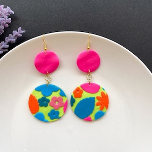 Pink tropical floral/leaf earrings handmade with polymer clay| multicolor flowers| dangle earrings|clay jewelry| statement earrings|