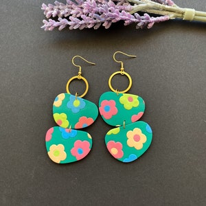 Green oversized multicolor flower earrings handmade with polymer claybubble statement spring summer earringsoversized clay jewelry image 8