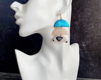 Tri color geometric dangle earrings handmade with polymer clay| metallic teal, pearl & animal print| modern clay jewelry| semicircle shape