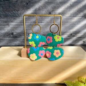 Green oversized multicolor flower earrings handmade with polymer claybubble statement spring summer earringsoversized clay jewelry image 3