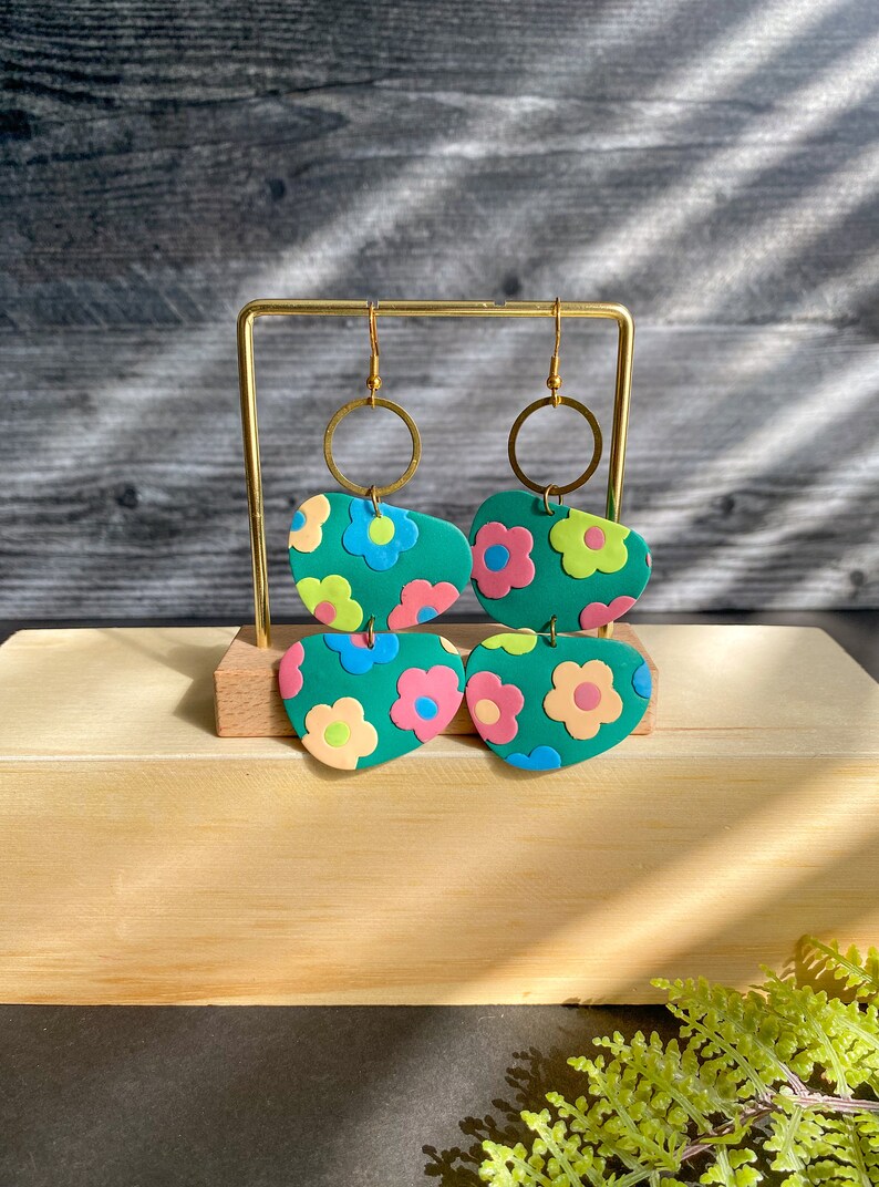 Green oversized multicolor flower earrings handmade with polymer claybubble statement spring summer earringsoversized clay jewelry image 3