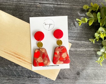 Red geometric earrings, modern earrings, brass jewelry, polymer clay, clay jewelry, xmas earrings, long dangle earrings, handmade jewelry