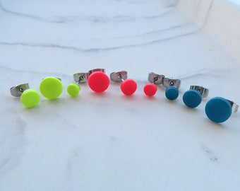 Neon stud earrings, matte black studs unisex, men studs earrings, polymer clay earrings, second piercing,  colorful studs, hypoallergenic,