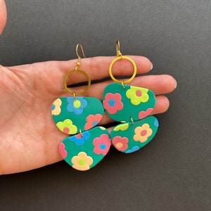 Green oversized multicolor flower earrings handmade with polymer claybubble statement spring summer earringsoversized clay jewelry image 2