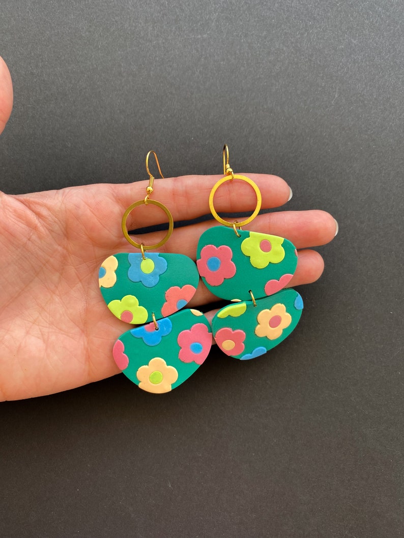 Green oversized multicolor flower earrings handmade with polymer claybubble statement spring summer earringsoversized clay jewelry image 2