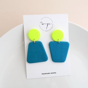 Two tone neon green and teal  geometric earrings  handmade with polymer clay| mismatched| trapezoid| summer clay jewelry | hypoallergenic