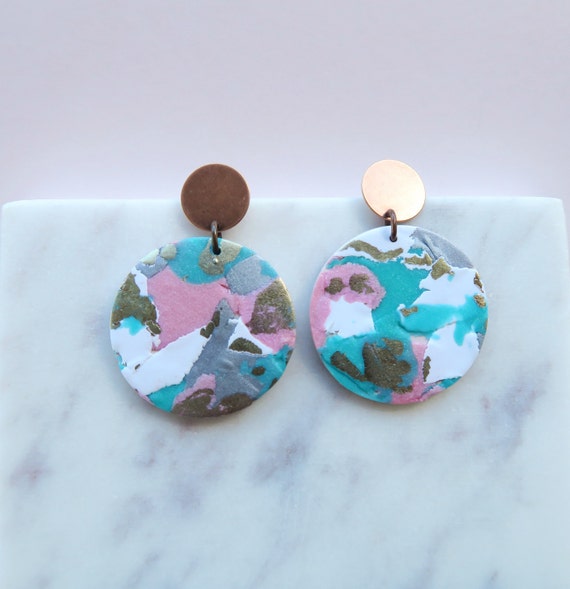 Abstract Circle Studs with Leaf Texture Print Handmade Polymer Clay Earrings