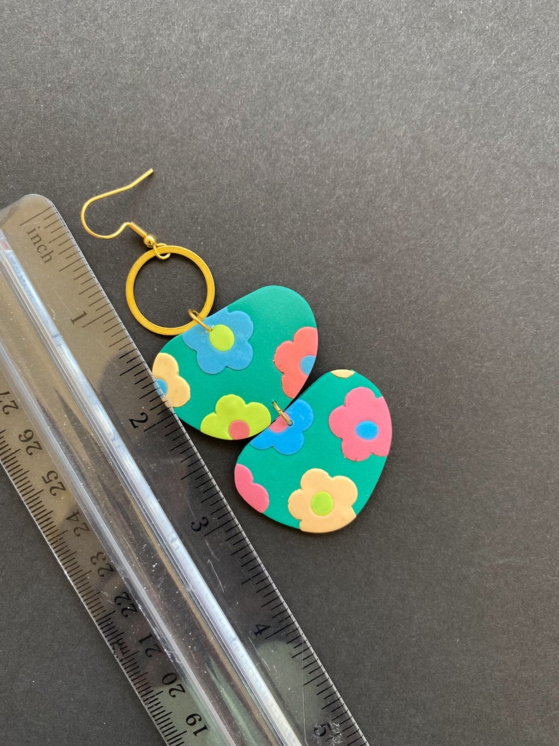 Green oversized multicolor flower earrings handmade with polymer claybubble statement spring summer earringsoversized clay jewelry image 5