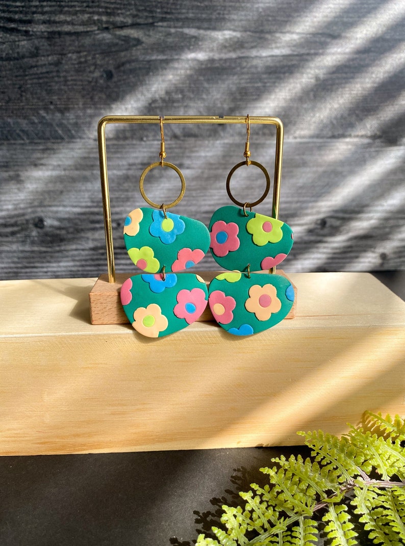 Green oversized multicolor flower earrings handmade with polymer claybubble statement spring summer earringsoversized clay jewelry image 1
