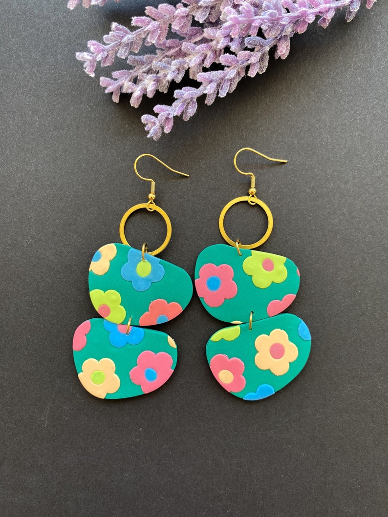 Green oversized multicolor flower earrings handmade with polymer claybubble statement spring summer earringsoversized clay jewelry image 9