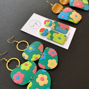 Green oversized multicolor flower earrings handmade with polymer claybubble statement spring summer earringsoversized clay jewelry image 6