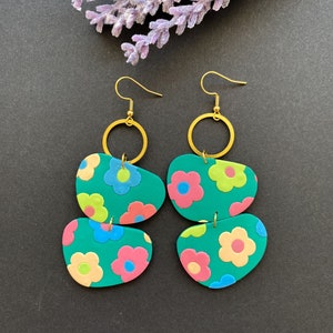 Green oversized multicolor flower earrings handmade with polymer claybubble statement spring summer earringsoversized clay jewelry image 10