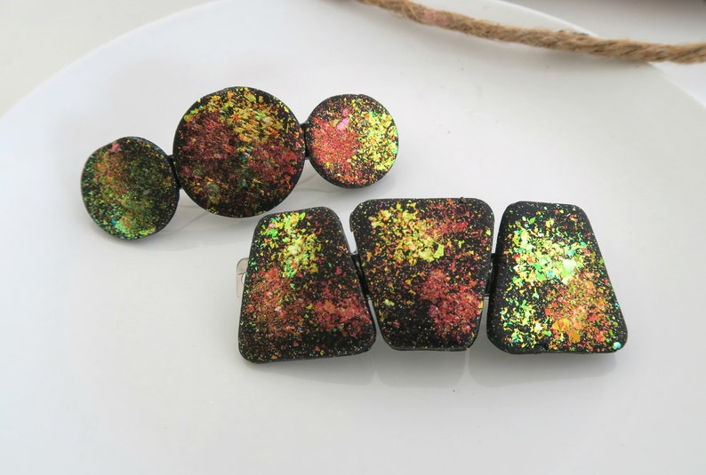 fire glitter handmade with polymer clay holographic glitter hair barrette statement hair piece Hair clip geometric hair accessory