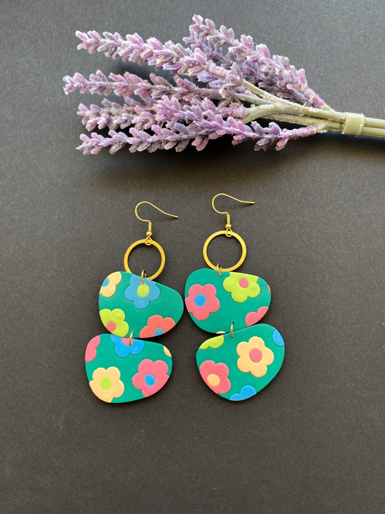 Green oversized multicolor flower earrings handmade with polymer claybubble statement spring summer earringsoversized clay jewelry image 8