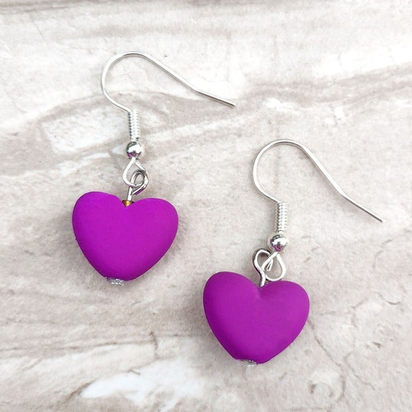 purple heart dangle earrings, neon purple hearts, love, heart jewelry, anniversary gift, cute earrings, drop dangle earrings, gift for her