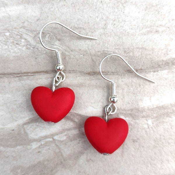 red heart dangle earrings, red hearts, love, heart jewelry, anniversary gift, cute earrings, drop dangle earrings, gift for her, minimalist